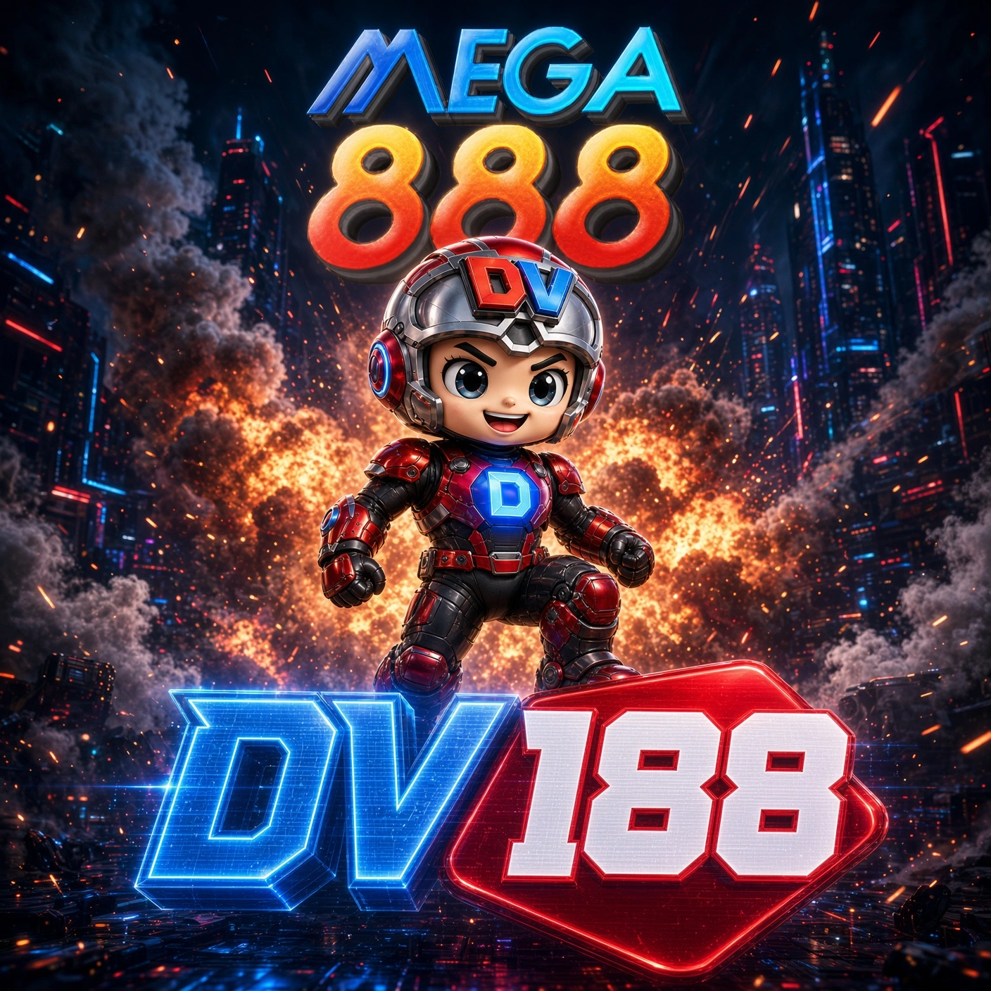 Mega888 and DV188 artwork featuring a mascot between flames and blue lightning